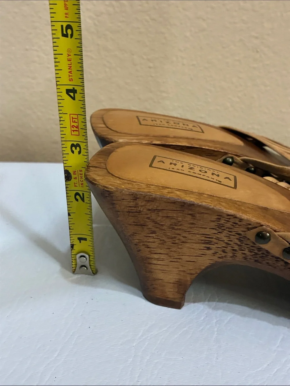 Arizona Jean Company Tan Woven Leather Wedge Sandals with Wooden-Look Heel